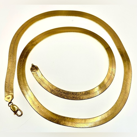 Gold Plated Long Wide Herringbone Signed 925 Italy 30” Necklace Sterling Estate - Picture 3 of 7